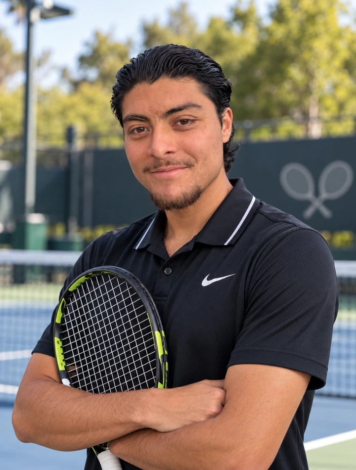 Felipe Reyes tennis coach portrait holding a racket
